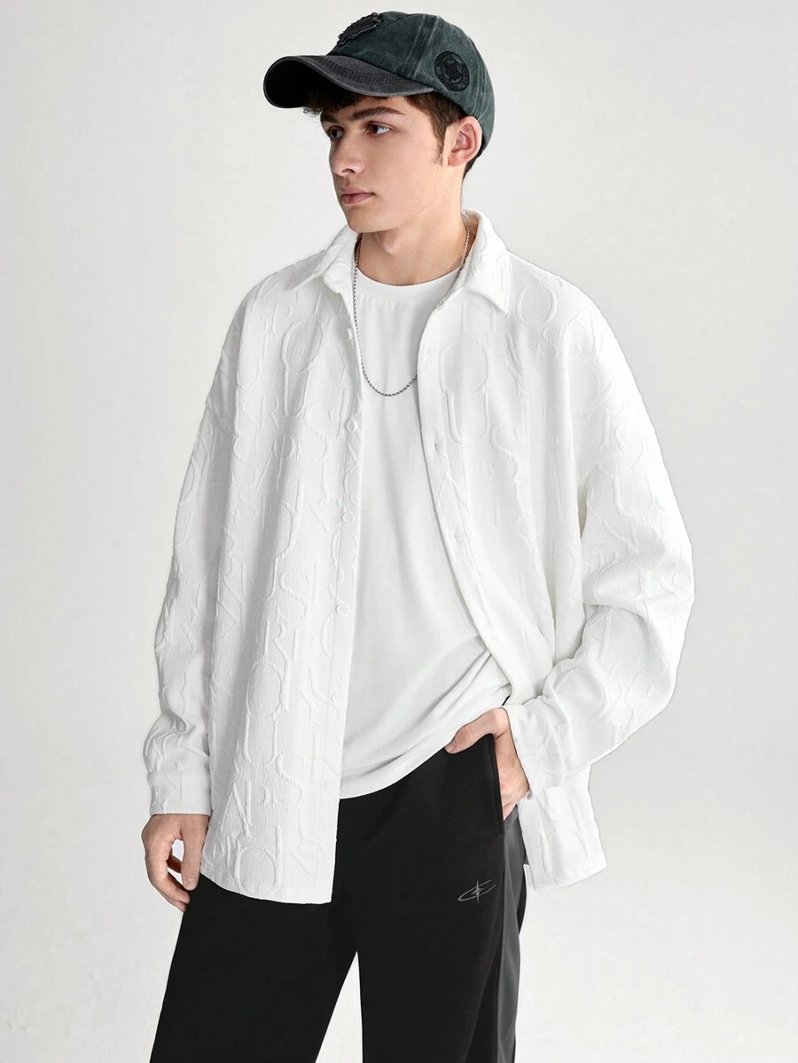 SHEIN Teen Boys' Casual Comfortable Long Sleeve Shirt With Letter Embossment - White - View 1