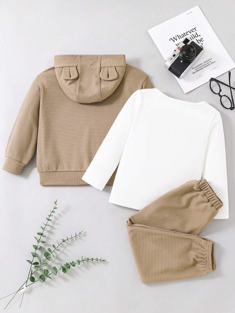 3pcs/Set Toddler Boys Cute & Comfy Print Long Sleeve Top, Hooded Jacket, Pants Set, Fleece Thickened