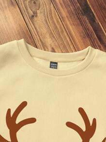 SHEIN EZwear Nai sừng tấm Giáng sinh In Lót nhiệt Áo nỉ - Màu be - Xem 4