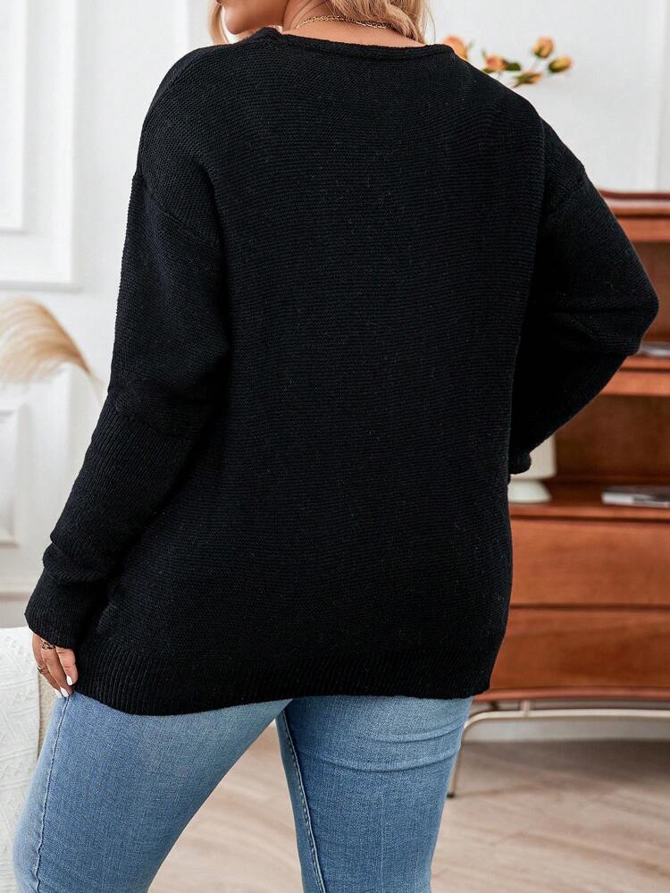 Plus Size Zipper Half Placket Drop Shoulder Sweater Knit Pullover Fall Winter Sweater