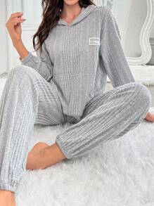 女性純色袋鼠口袋連帽家居服套裝 - 淺灰色 - 查看 4