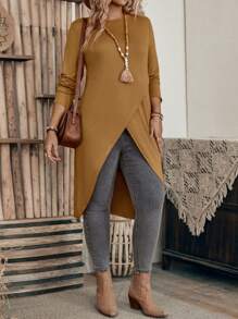 EMERY ROSE Asymmetrical Hem Long Sleeve T-shirt - Brown - View 3