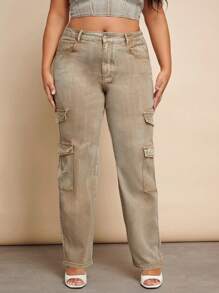 SHEIN BAE 大尺寸裝飾口袋工裝牛仔褲 - 卡其色 - 查看 1