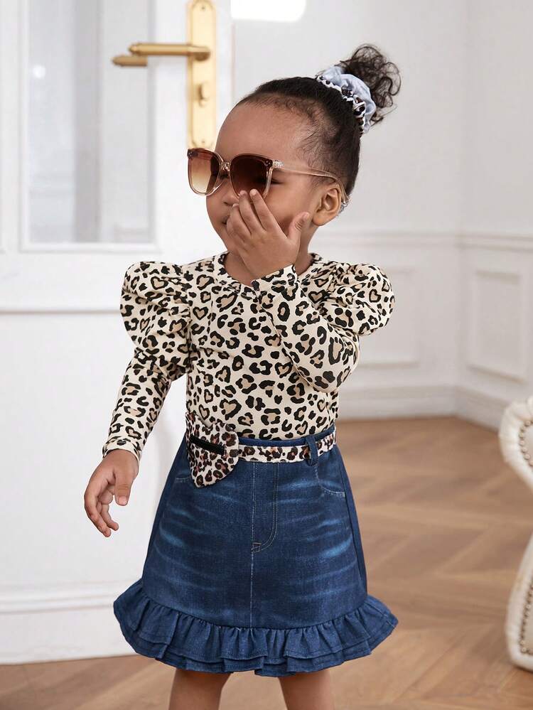 Baby Girls' Casual Leopard Print Puff Sleeve Top, Denim Effect Skirt With Elastic Waistband, Fanny Pack Set
