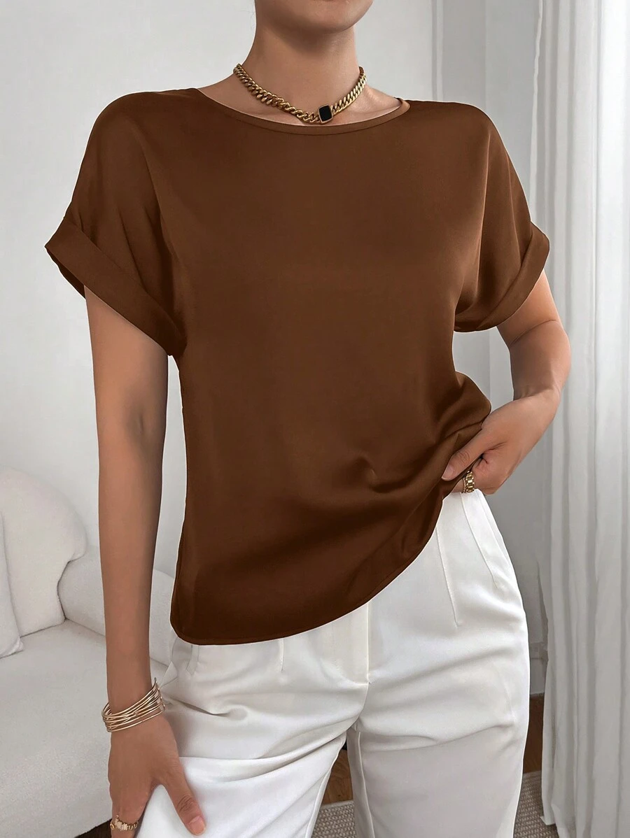 SHEIN Essnce Của phụ nữ màu trơn Vòng cổ Ngắn tay Áo - màu nâu - Xem 1