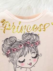 SHEIN Young Girls Cartoon Character & Letter Printed Cap Sleeve T-Shirt With Ruffle Trim & Long Pants Set - Multicolor - View 4