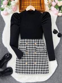 女孩直立式立領短袖、羊肚袖及大流行的工字呢短裙二件套裝 - 黑與白 - 查看 7
