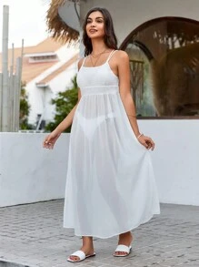 SHEIN Swim Damen Weiße Mesh transparente Strandkurz Jacke mit Spaghettiträgern für den Sommer - Weiss - Übersicht 3