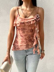 SHEIN VCAY Flower Print 3d Floral Design Asymmetrical Hem Cami Top - Multicolor - View 6
