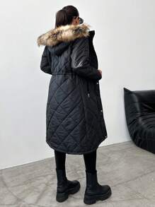 EURMUSE Women'S Long Quilted Padded Jacket With Fur Collar - Black - View 2