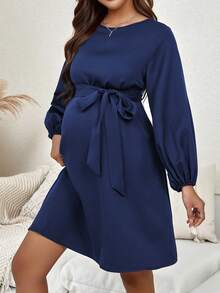 SHEIN Thai sản Vòng cổ Tay áo lồng đèn Màu thuần Vòng eo đế chế Đầm - Xanh đậm - Xem 5