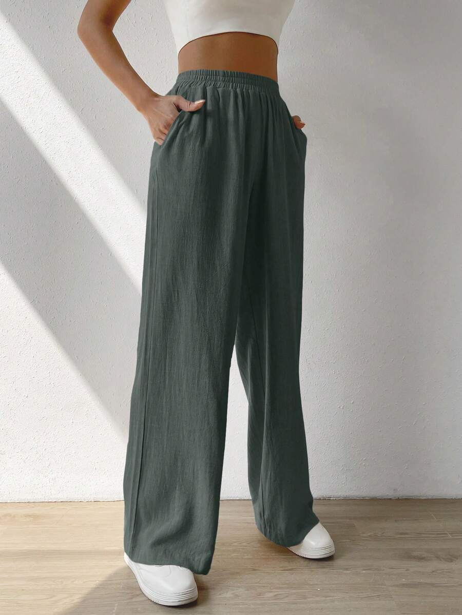 SHEIN EZwear Pantalones Regulares Con Cintura Elástica Y Bolsillos Oblicuos - Gris Oscuro - Ver 1