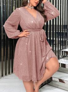 SHEIN Privé Vestido De Talla Grande Con Cuello En V, Manga De Linterna Y Cinturón - Rosa vieja - Ver 4