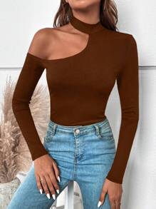 SHEIN BAE Asymmetric Neckline Solid Color T-shirt - Brown - View 6