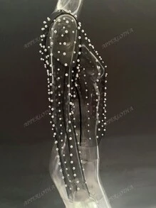 Apperloth A Elegant Pearls Beaded Mesh Sheer Cover Up Top Without Cami Top Sexy Music Festival