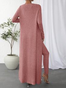 SHEIN Essnce Solid Rib-knit Tank Top & Leggings & Coat - Pink - View 2