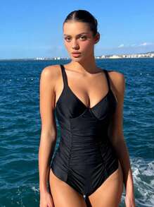 SHEIN Swim Maiô Preto Acolchoado Feminino com Detalhe de Pregas, Alças de Espaguete e Arame para Verão - Preto - Visão 1