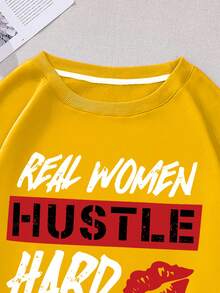 SHEIN Unity Kích thước lớn Áo nỉ Với Môi In Slogan - Màu vàng - Xem 5