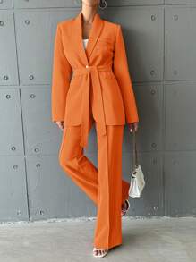 EURMUSE Ladies' Solid Color Suit Belted Jacket And Pants Set - Orange - View 3