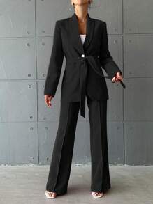 EURMUSE Women's Solid Color Suit With Belted Coat And Pants - Black - View 4