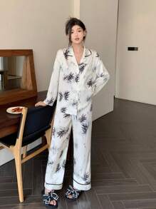 DAZY Women's Bamboo Pattern Printed Pajama Set - White - View 8