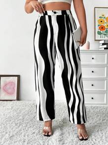 Celure Plus Wave Striped Print Straight Leg Pants - Black and White - View 1