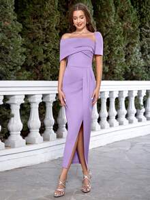 Vestido elegante asimétrico de hombros abiertos con volantes y abertura, verano - Morado - Ver 6