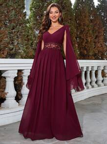 女式腰部细节刺绣礼服 - 酒紅色 - 查看 2