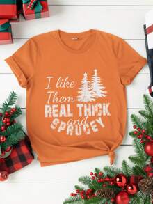 Calvaya 女款大尺碼標語印花 T 卹 - 橘色 - 查看 1