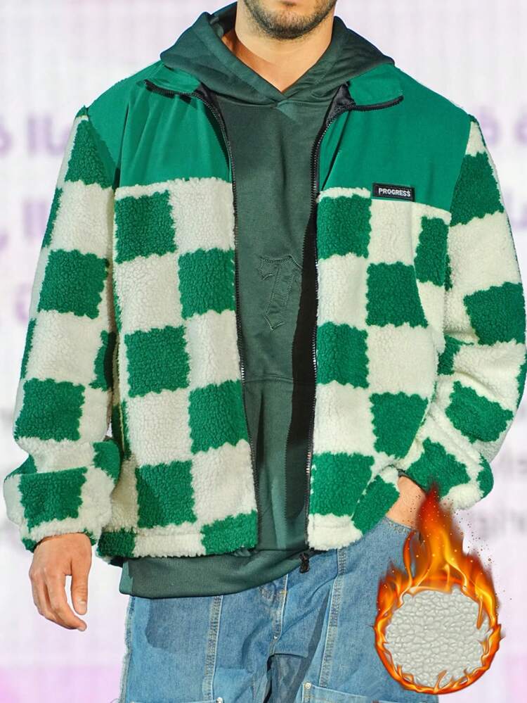 Men's Loose-Fit Checker Printed Zip-Up Jacket With Letter Patchwork