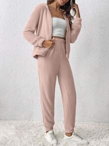 SHEIN Frenchy Women's Zip-up Fleece Jacket And Sweatpants Set - Dusty Pink - View 4