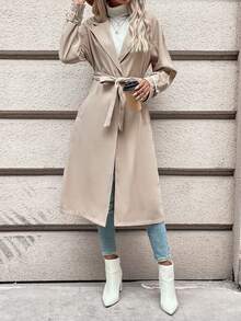 SHEIN Frenchy 女士腰帶風衣 - 杏色 - 查看 5