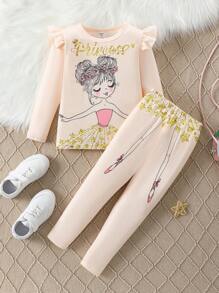 SHEIN Young Girls Cartoon Character & Letter Printed Cap Sleeve T-Shirt With Ruffle Trim & Long Pants Set - Multicolor - View 1