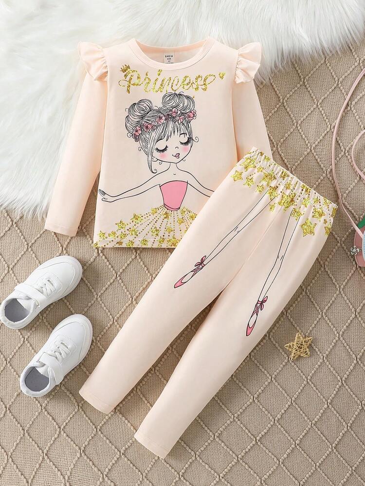 SHEIN Young Girls Cartoon Character & Letter Printed Cap Sleeve T-Shirt With Ruffle Trim & Long Pants Set - Multicolor - View 1