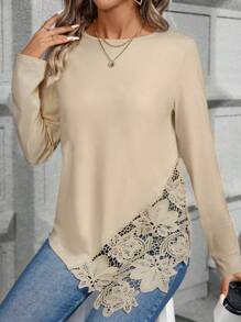 SHEIN LUNE Lace Splicing Asymmetrical Hem T-shirt - Apricot - View 6