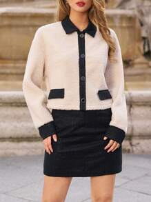 SHEIN Frenchy 拼接邊前紐扣毛絨夾克&半身裙 - 彩色 - 查看 1