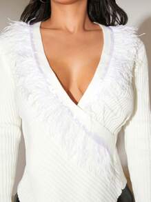 SHEIN SXY 女式純色流蘇包裹針織衫 - 白色 - 查看 5