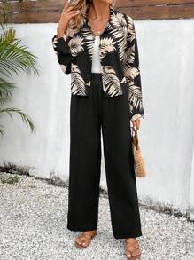 SHEIN VCAY Women's Leaf Print Shirt And Pants Set - Multicolor - View 3