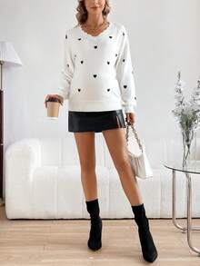 SHEIN Có thai Của phụ nữ Love Mẫu lột vỏ Cắt tỉa Bỏ khỏi vai Áo len - trắng - Xem 6