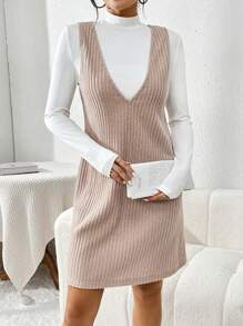 SHEIN Essnce 女士純色v領長袖直條紋裙2入組 - 彩色 - 查看 1