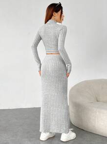 SHEIN EZwear 女用灰色針織緊身立領長袖上衣配裙子套裝 - 灰色 - 查看 2