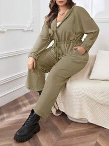 SHEIN Essnce Plus Drawstring Waist Hooded Jumpsuit - Green - View 4