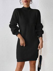 Chiquease Fashionable Versatile Stand Collar Fine Rib Knit Dress Without Belt - Black - View 3