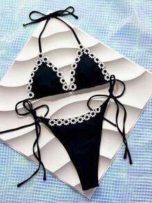 女士露背花卉点缀三角形分体细肩带比基尼套装，黑色 - 黑色 - 查看 4