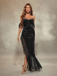 Người yêu Đường viền cổ áo Off Shoulder Nhung & Vá lại Bất đối xứng Dài Đầm Với Ruffle Và Eo - màu đen - Xem 3