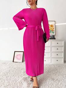 SHEIN Unity 加大码纯色连衣裙，喇叭袖和腰带，超长款女装 - 玫紅色 - 查看 5