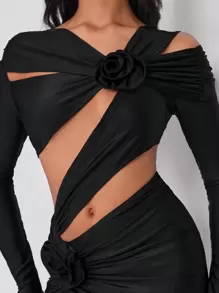 Taranthola Designer Solid Asymmetrical Neck Cut Out Asymmetrical Hem Dress, Elegant Dress, For Holiday, Party, Birthday Outfits, Festival, Wedding Prom Dress - Black - View 2