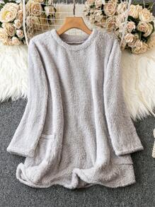 SHEIN Kích thước lớn Của phụ nữ Sang trọng Lỏng lẻo Vai Dài Áo thun Nhiệt - Xám - Xem 4