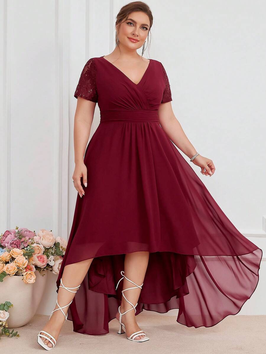 Lace Patchwork Sleeve Chiffon Party Dress - Burgundy - View 1