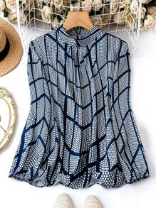 SHEIN 大尺碼全印花氣球袖上衣 - 藏蓝色 - 查看 1